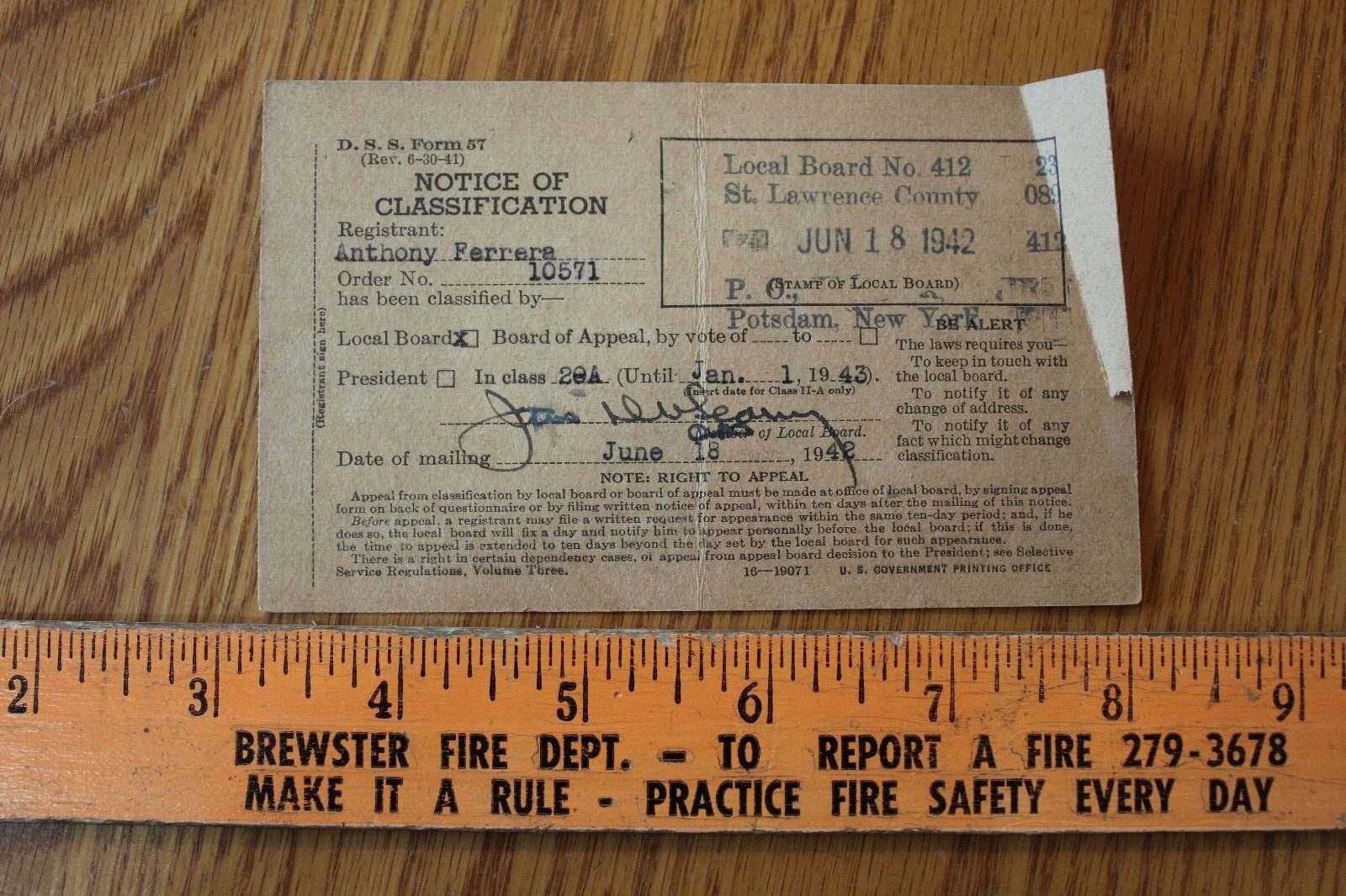 1942 Notice of Classification local Board 412 St Lawrence County NY WWII Era 