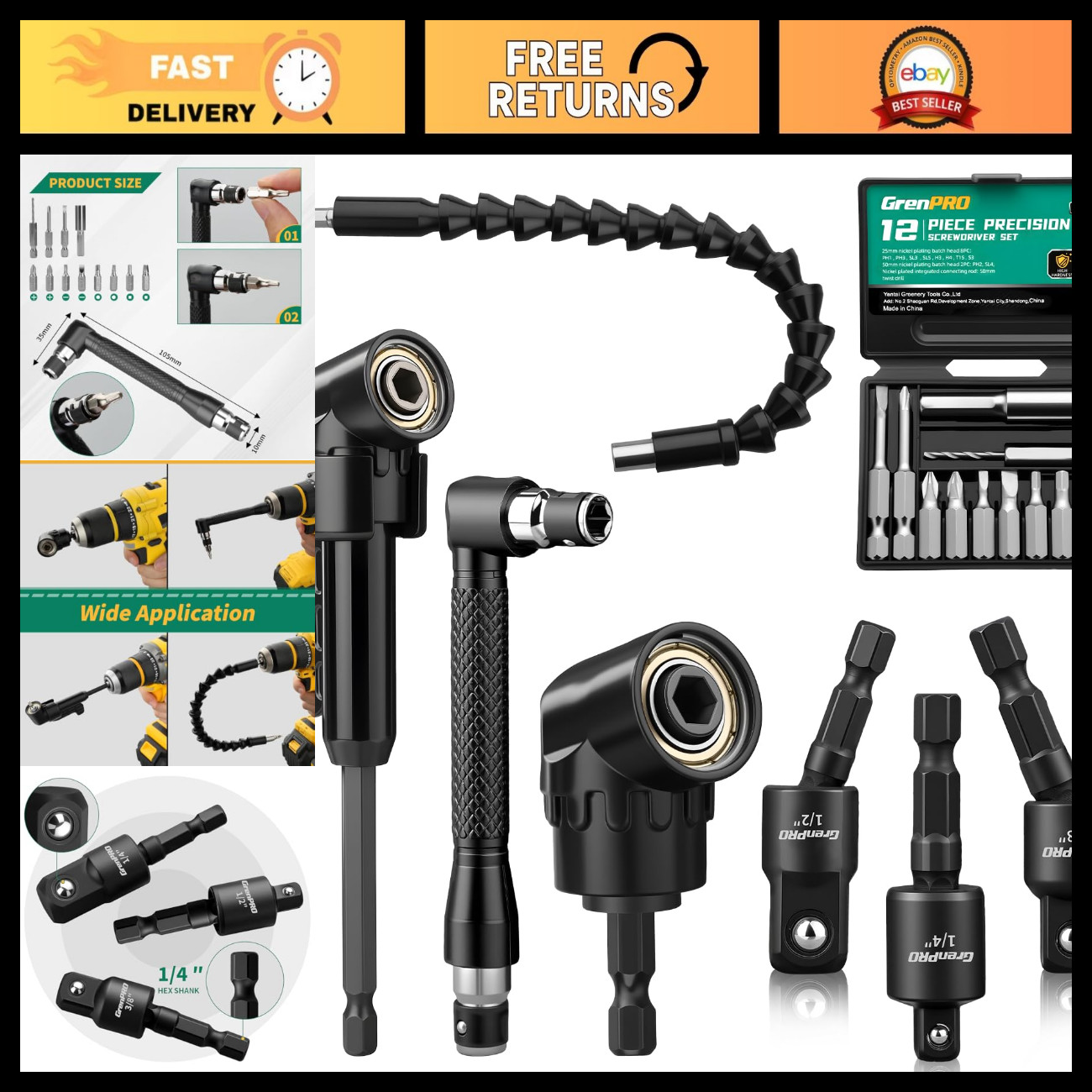 19-Piece Flexible Drill Bit Extension Kit, 2 Right Angle Adapters