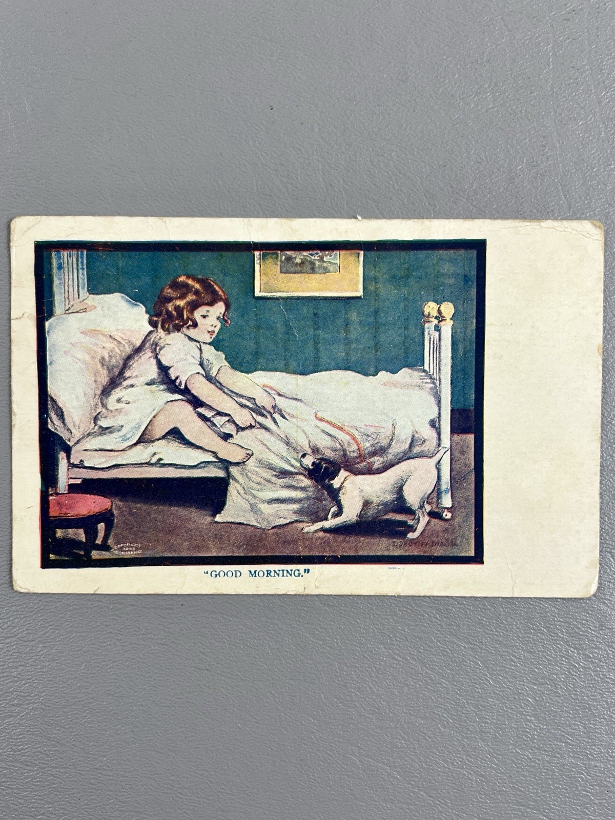 Antique Good Morning Child & Dog Postcard Used 1¢ Franklin Stamp Vintage 1900s