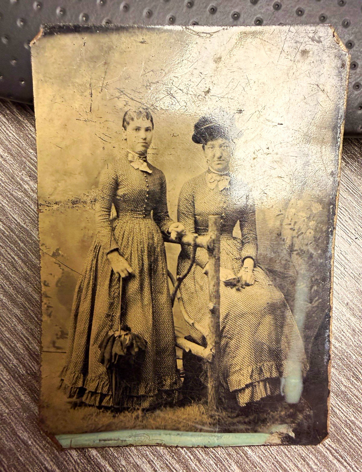 Sepia Portrait Photograph of Two Women on Metal Plate, Original, Portrait