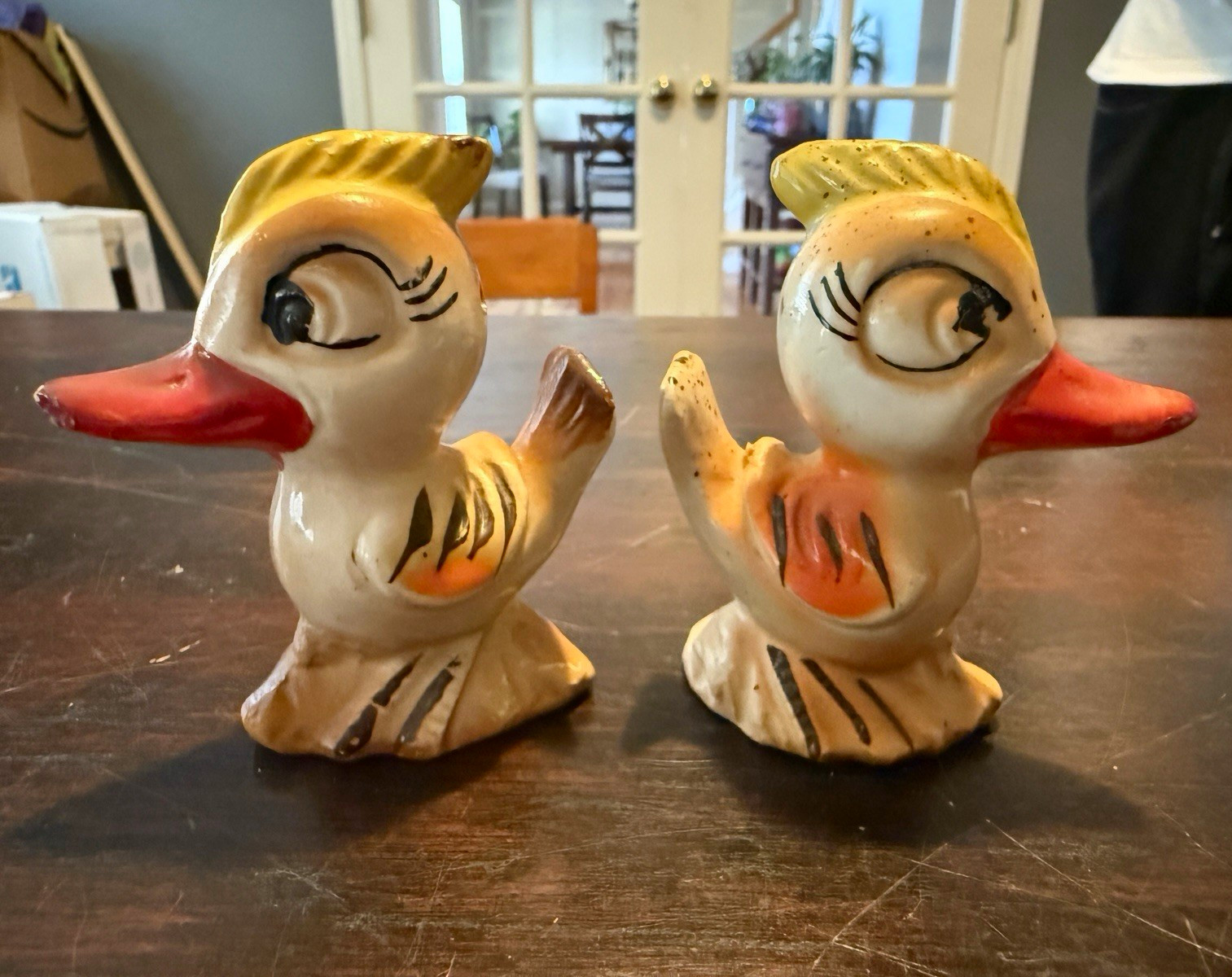 Vintage Japan Ceramic Bird Salt & Pepper Shakers Big Eyes Red Beaks MCM Kitsch