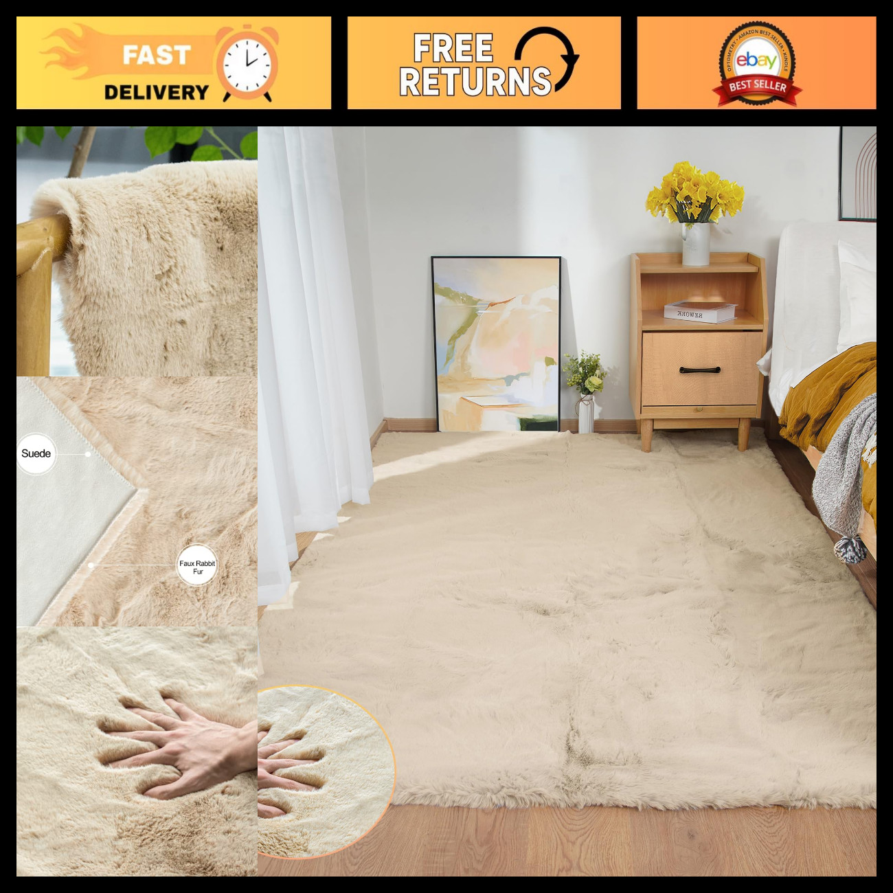 5x7 Area Rug Light Brown Beige Plush Shaggy Rugs for Bedroom Washable Faux Rabbi