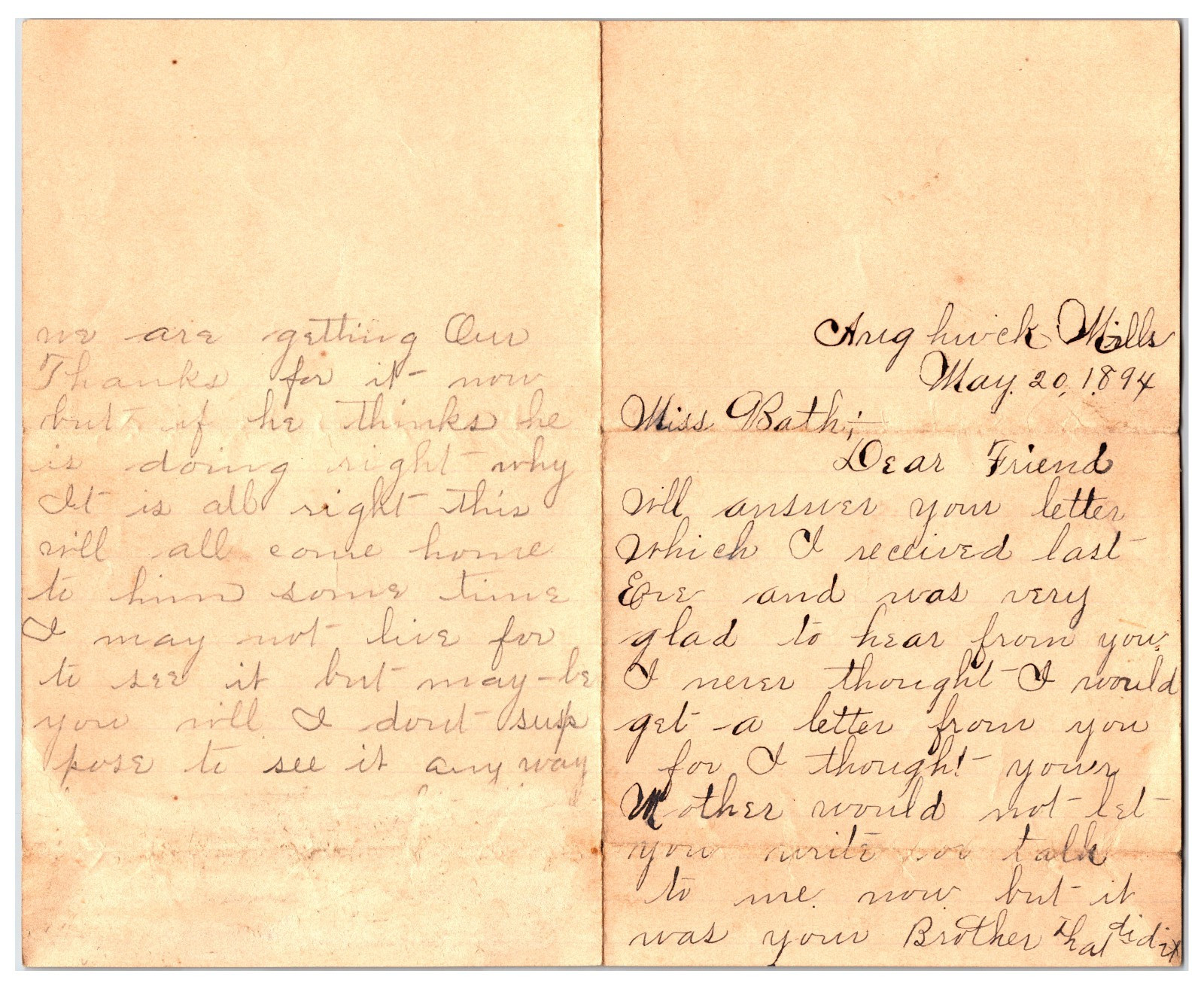 Vintage 1894 Handwritten Letter Between Friends ( From Pennsylvania )