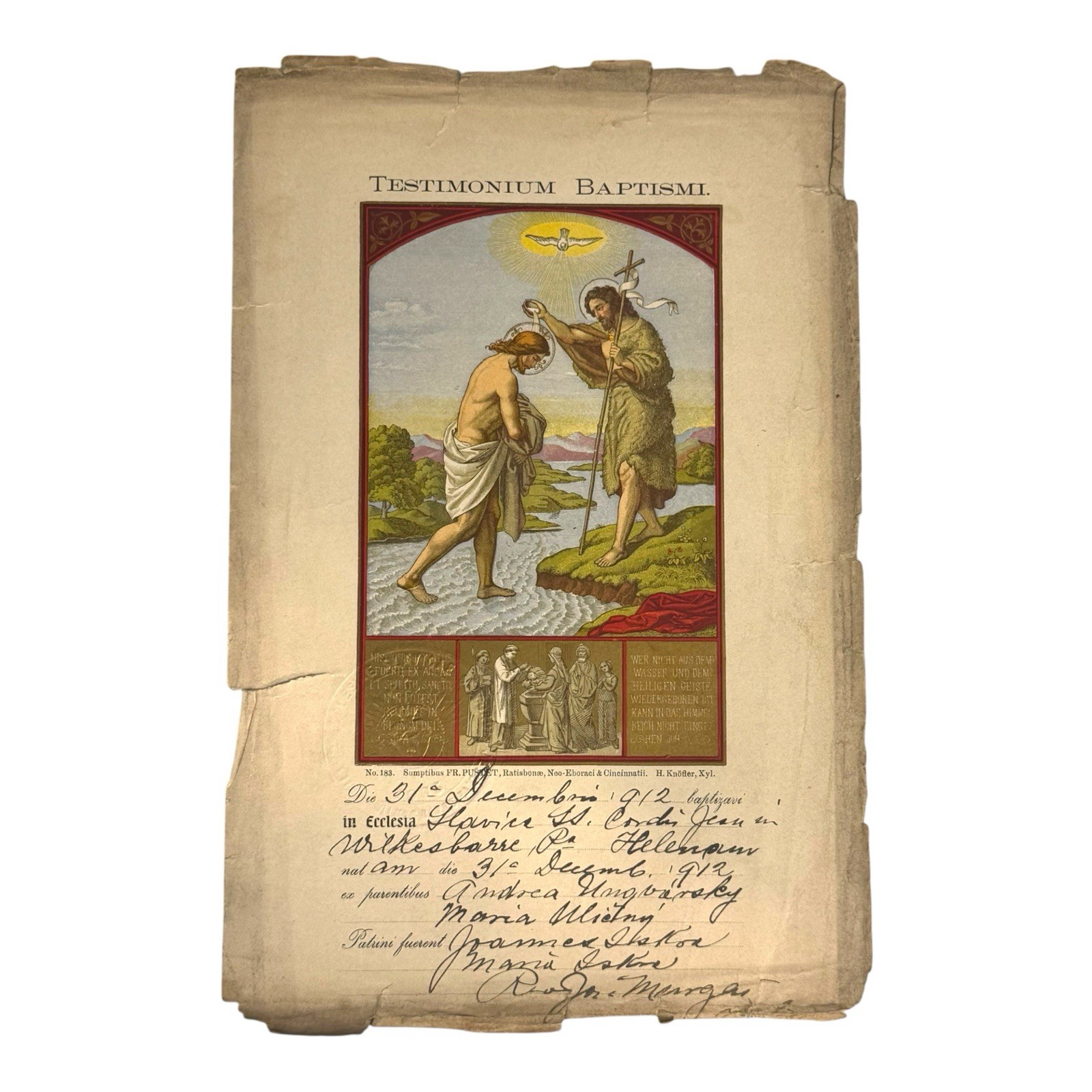 Antique 1912 Latin / German Baptism Certificate Wilkes-Barre Pennsylvania