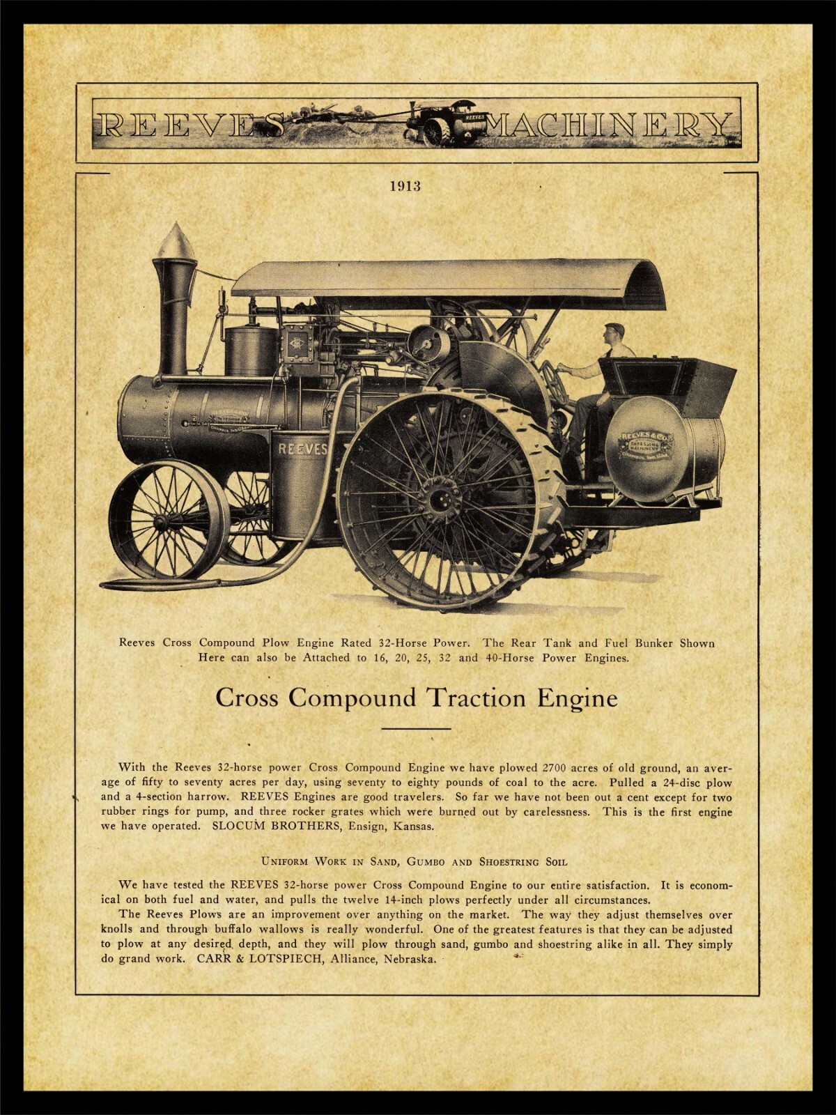 1913 Reeves Cross Compound Traction Engine NEW Metal Sign: Columbus, Indiana