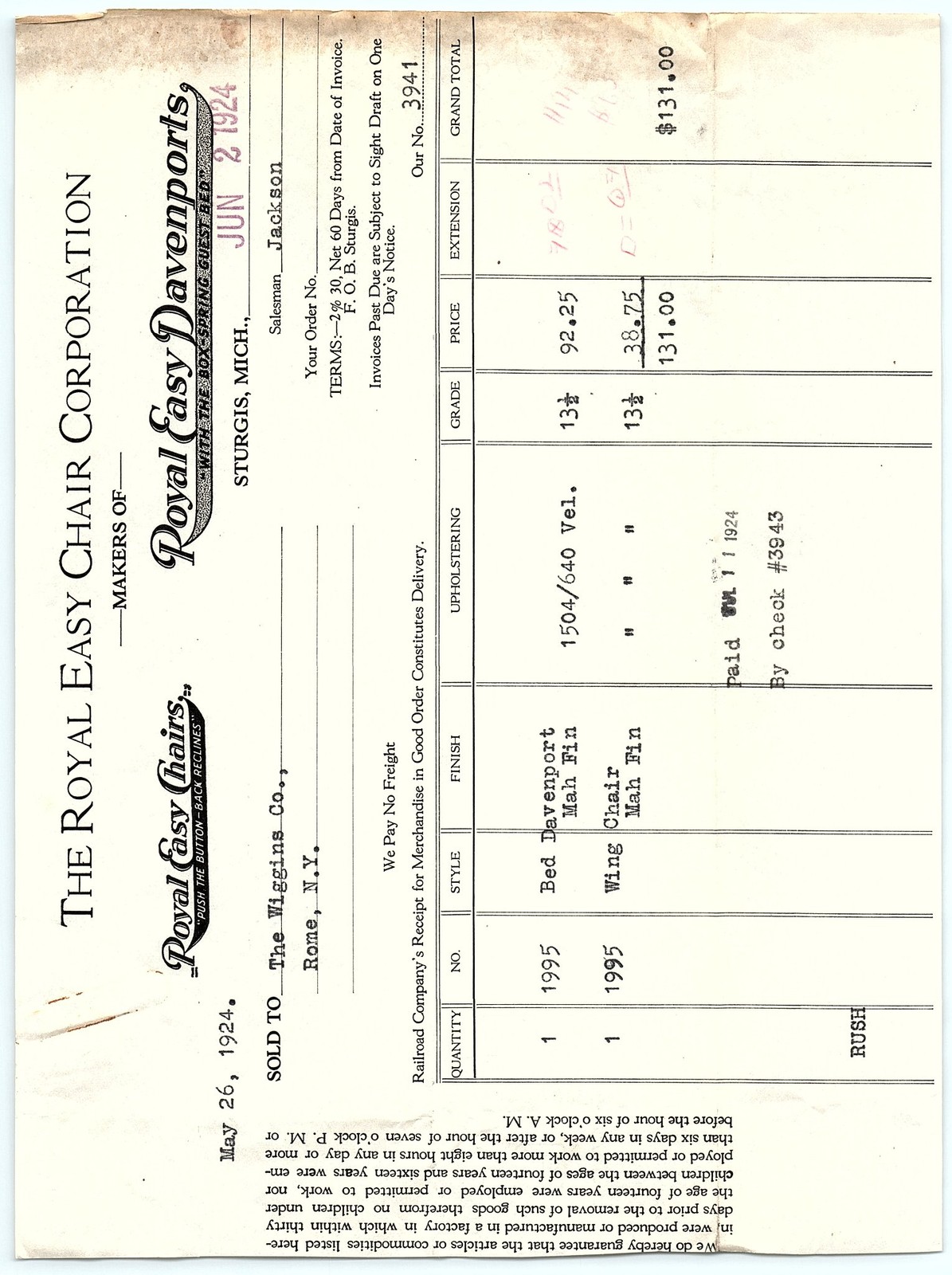 1924 Royal Easy Chair Corp. Sturgis, MI Paid Billhead
