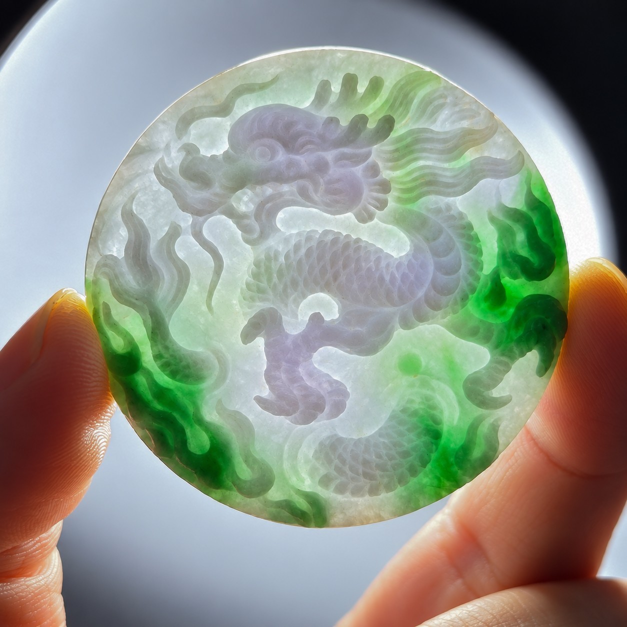 Jadeite Jade Dragon Carved Round Disc 52mm Natural Grade A Green Lavender Plaque