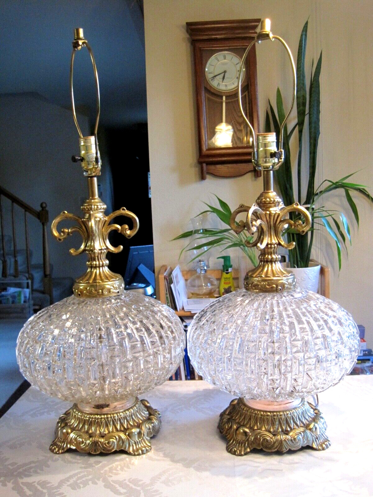 Vtg EF & EF Brass Cut Glass Hollywood Regency  2 Table Lamps LOCAL PICK-UP ONLY