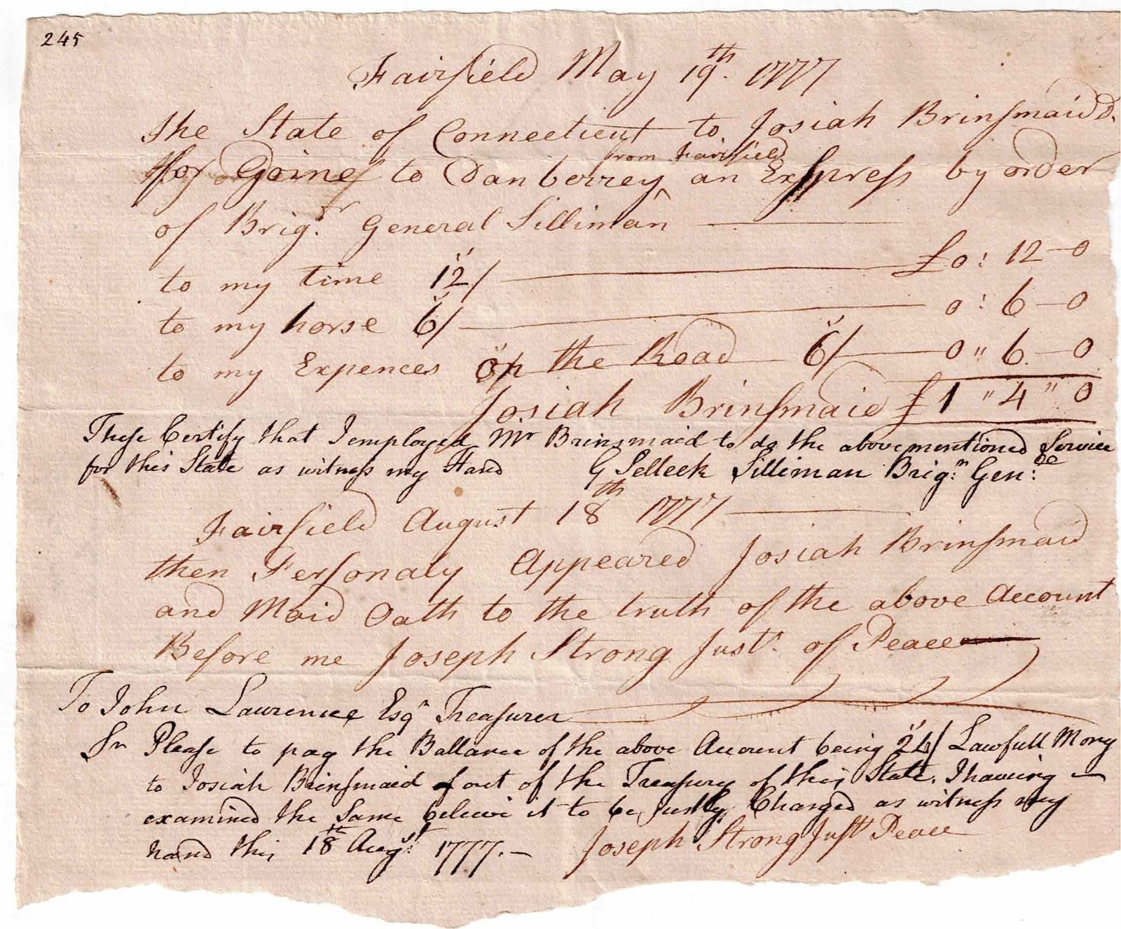 1777 Josiah Bridesmaid Receipted Bill by Order of Bridg. General Silliman