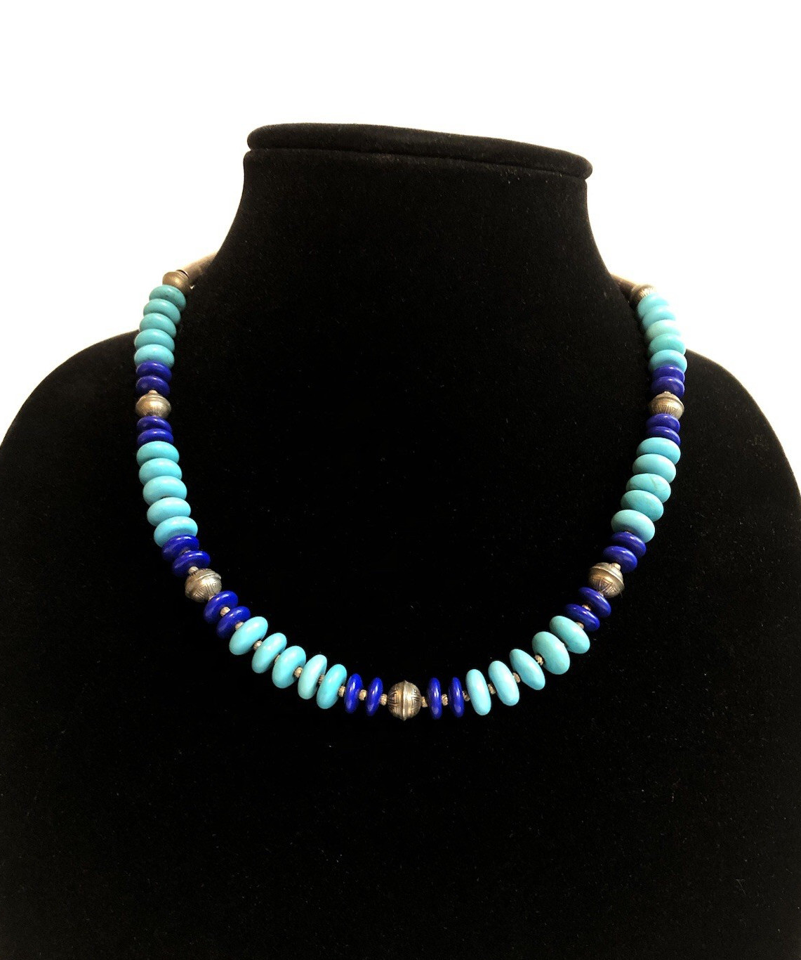 Natural Turquoise, Lapis, & Silver Necklace w/ Extender 21”