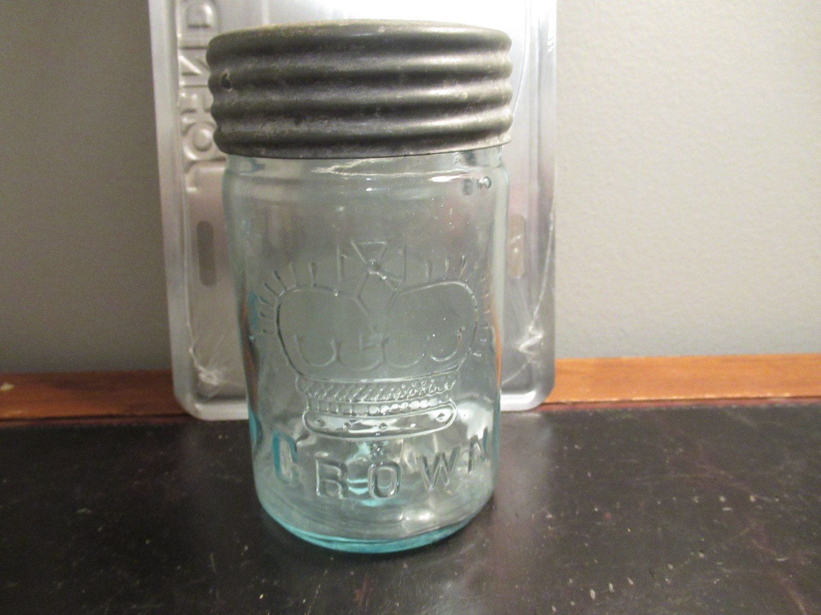 Vintage Old Crown canning Glass Jar Zinc Ring Glass Top Free USA Shipping