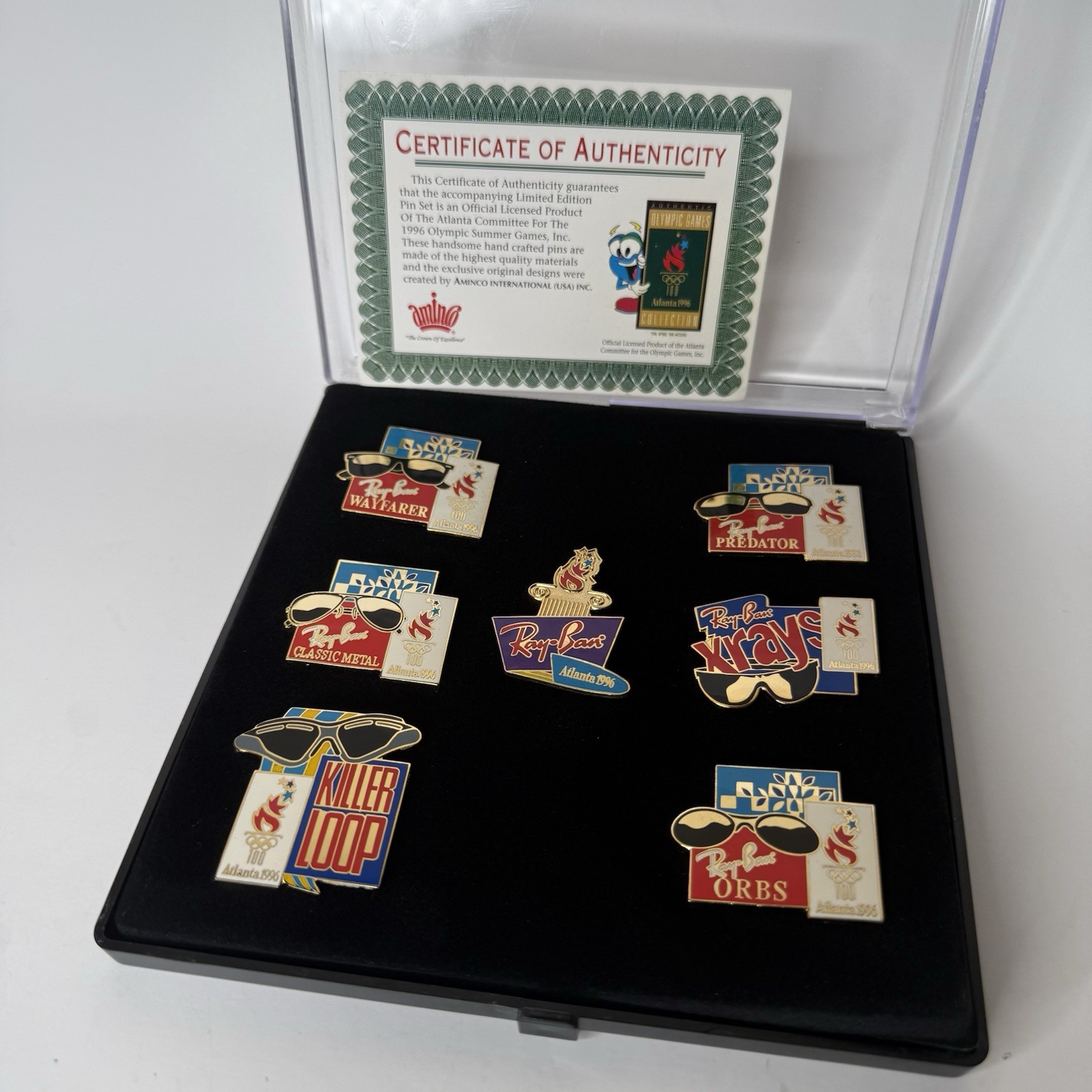 Vintage 1996 Atlanta Olympics Ray-Ban 7 Pin Set Wayfarer Predator Orbs COA Case⁠