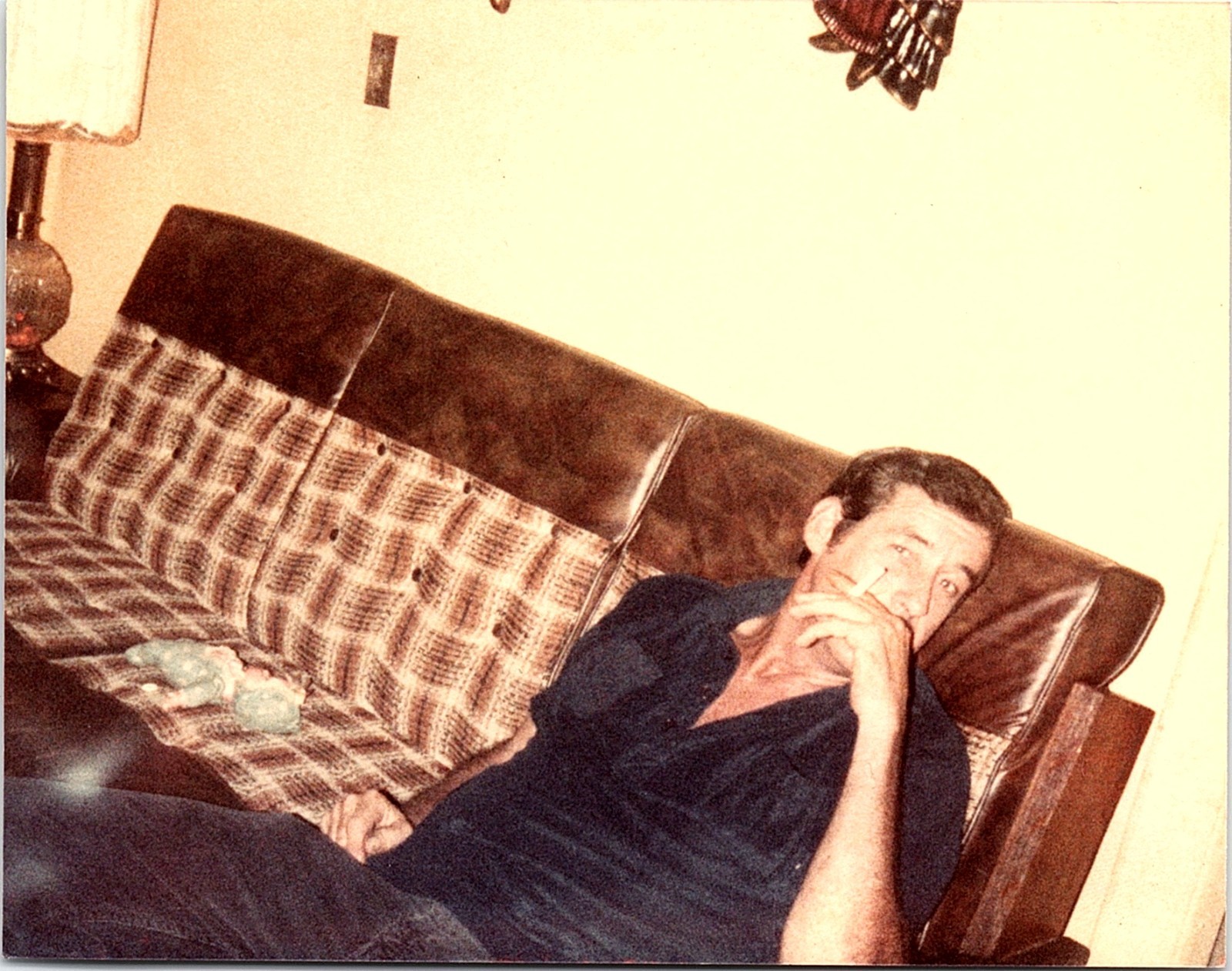 Vtg 1980s Found Photo Man Smoking on Couch Snapshot