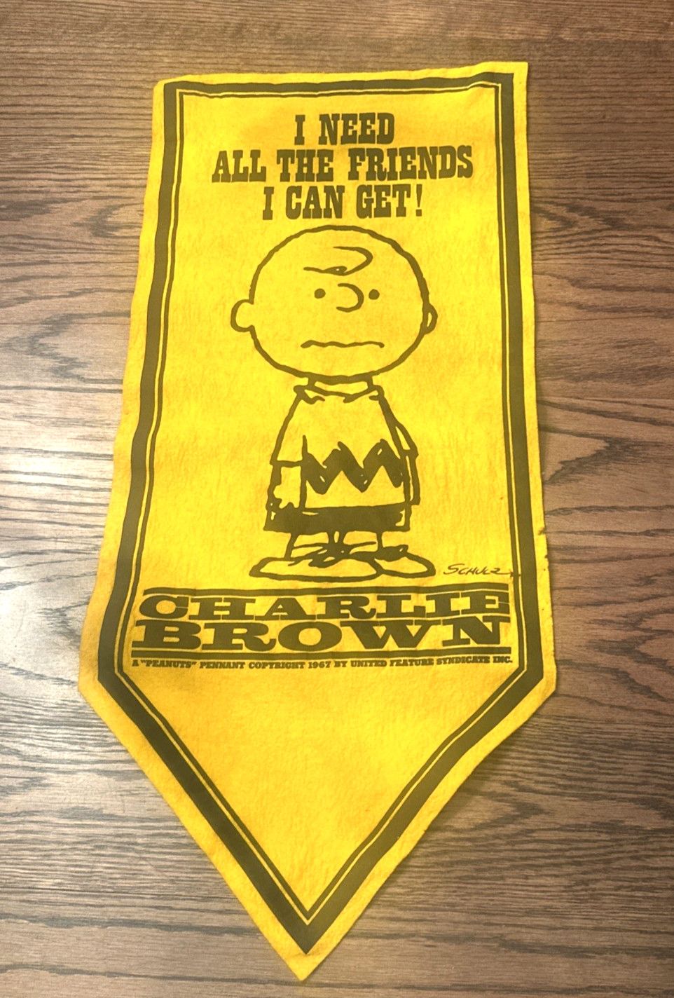 VTG Rare 1967 Snoopy Peanuts Yellow Felt Pennant Flag Banner Charlie Brown