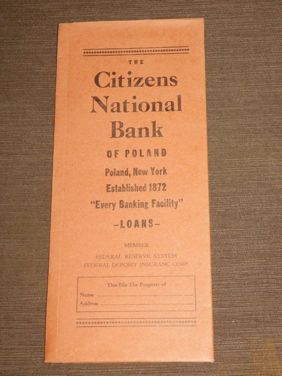 VINTAGE CITIZENS NATIONAL BANK of POLAND NY FILE ENVELOPE