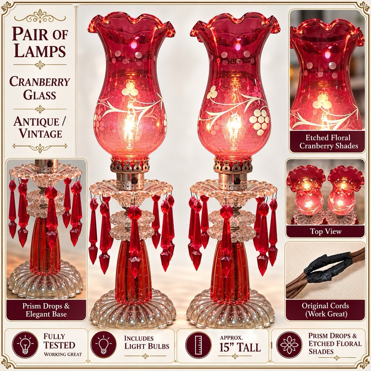 Vintage Cranberry Glass Table Lamps Pair Etched Floral Prism Drops Tested 15”