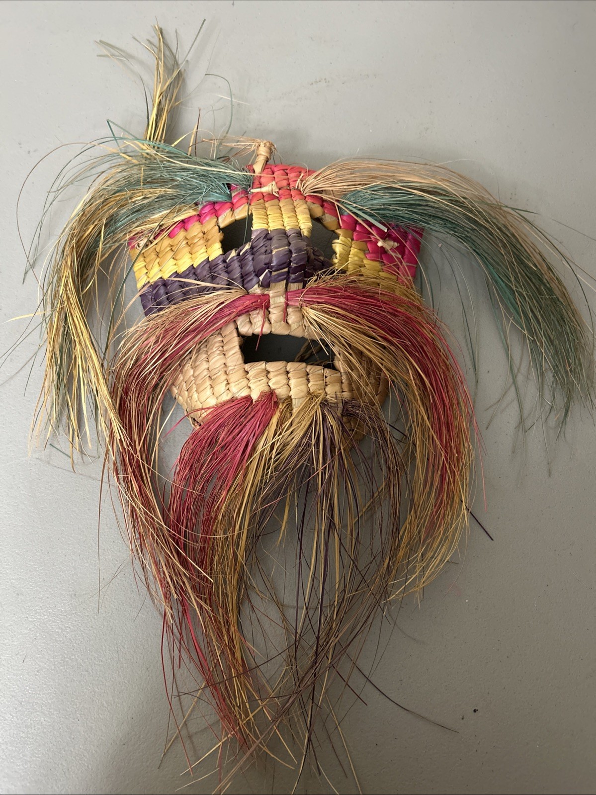 Vintage Mexican Ethnic Tribal Handwoven Straw Wicker Mask Folk Wall Art