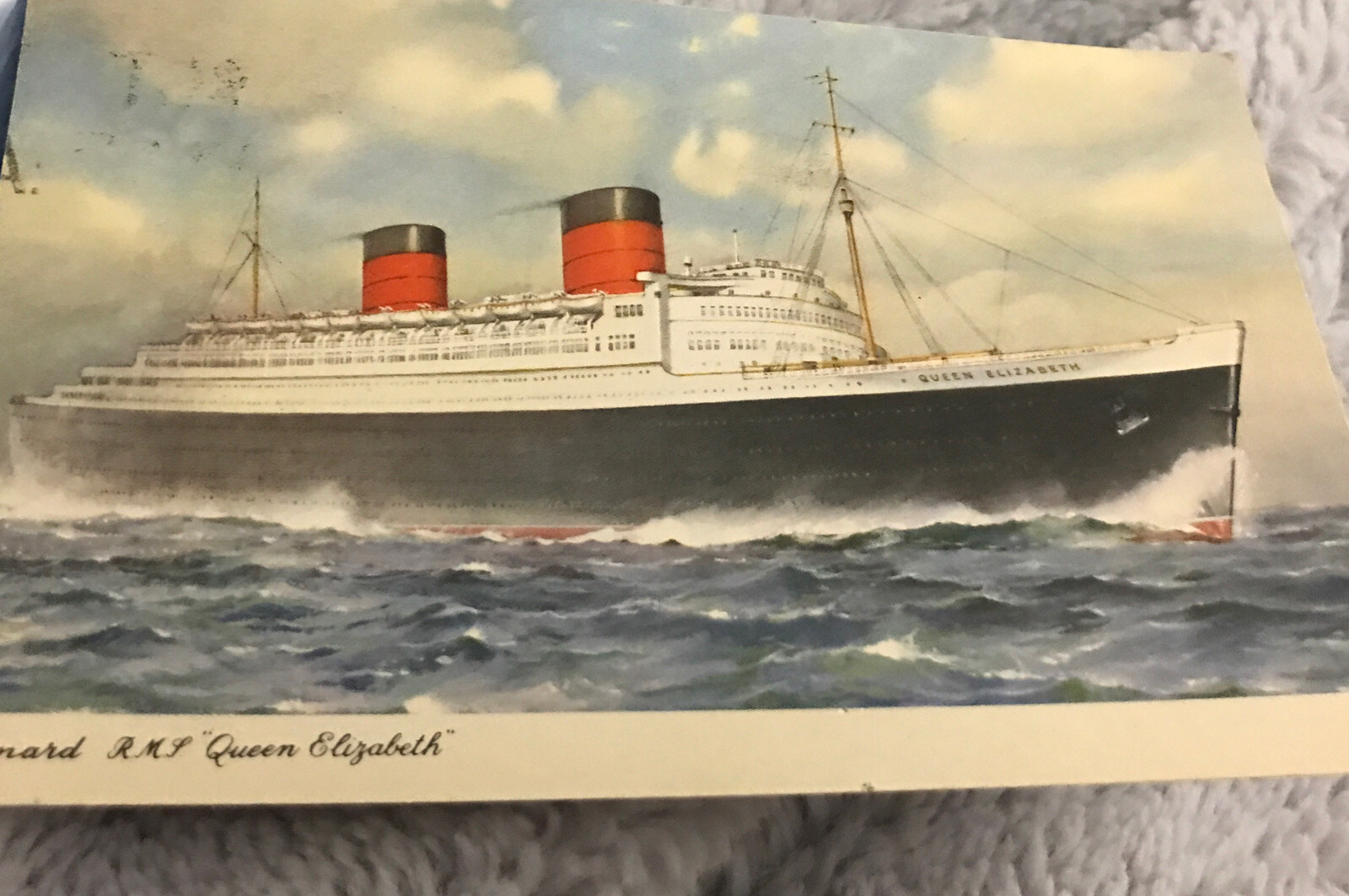 1954 RMS Queen Elizabeth Postcard Posted Cunard Line Linen