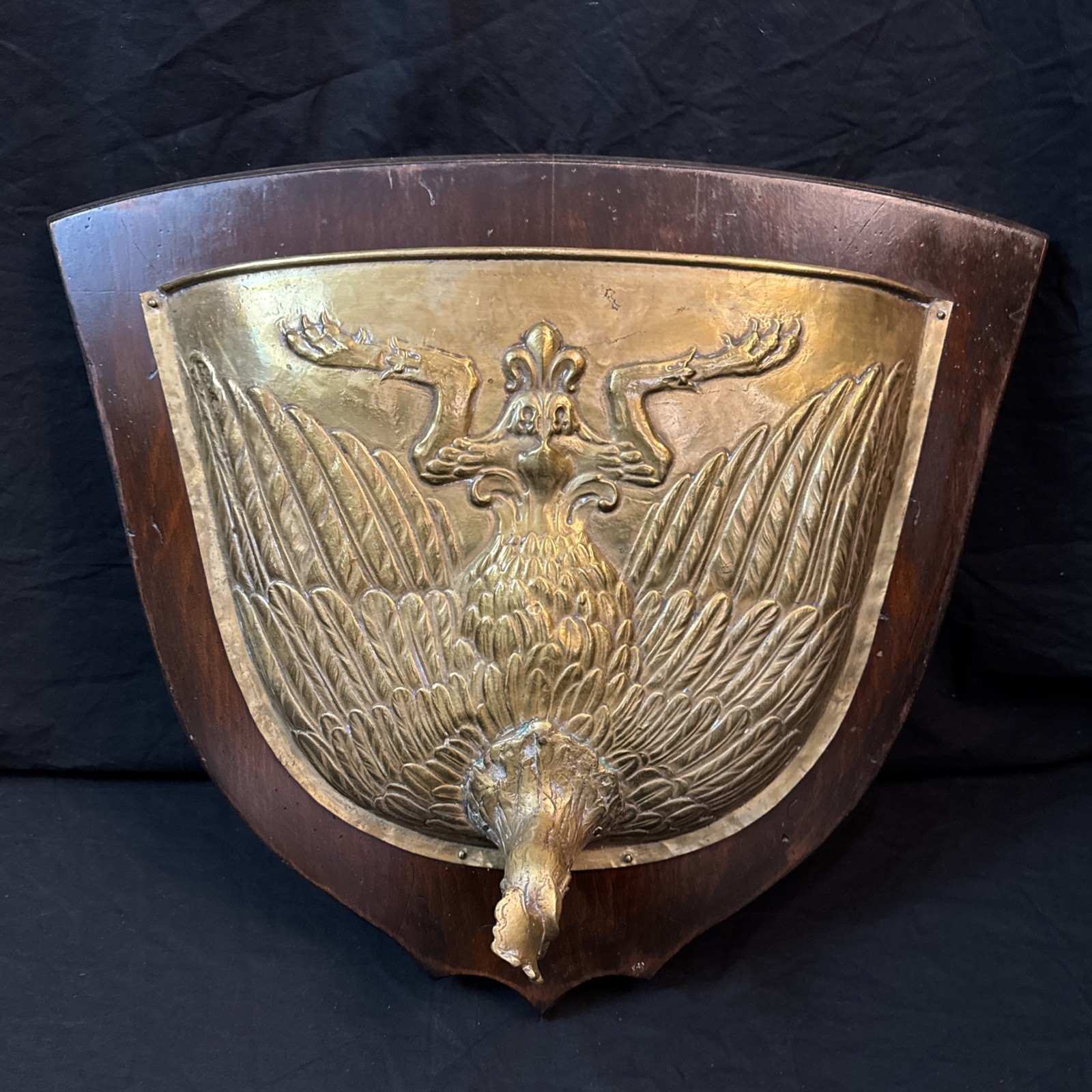 Vintage Unique Brass On Wood Shield Backing Rooster Wall Pocket