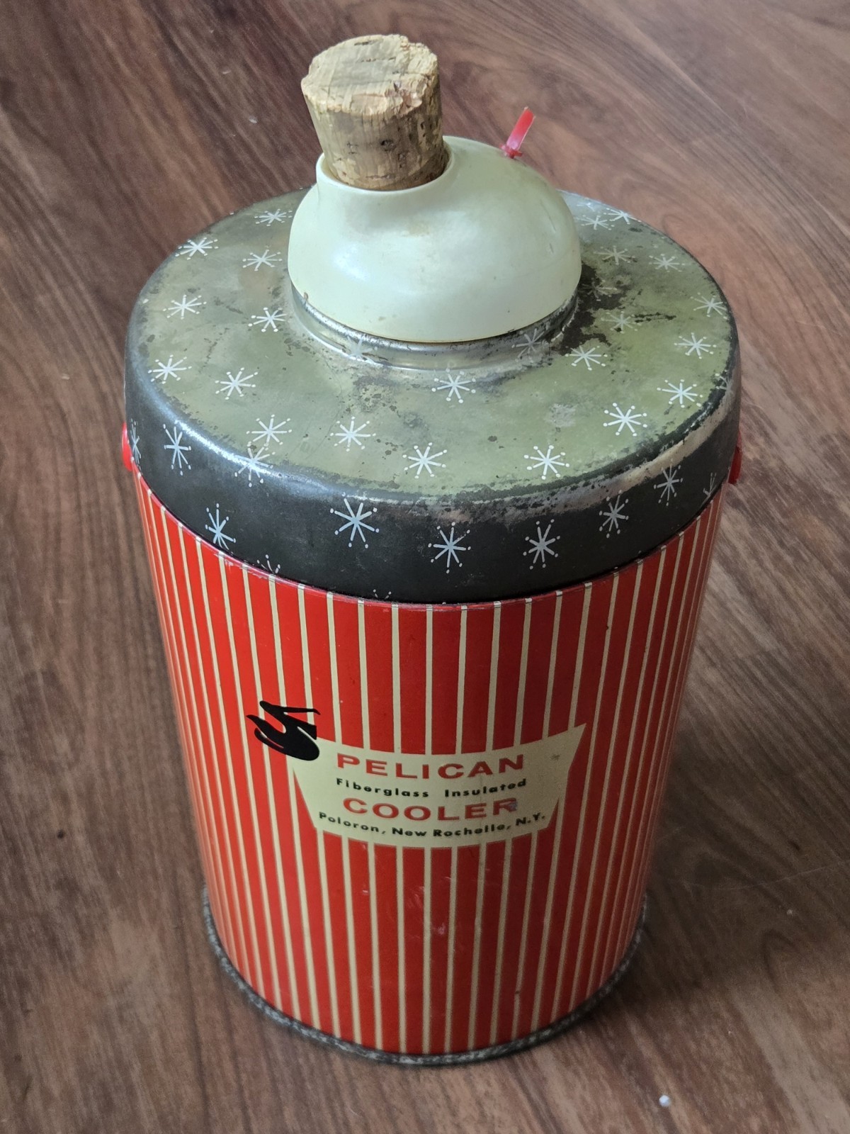 Vtg Mid Century PELICAN Metal Hazel Atlas Glass Lined Cooler Jug, Art Deco 