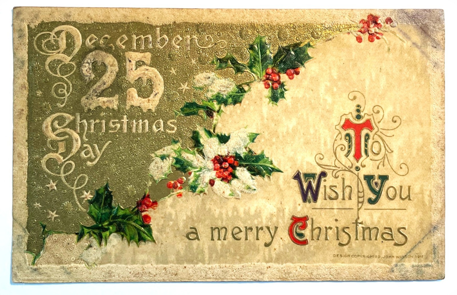 Vintage 1915 Embossed Art Nouveau Christmas Postcard 