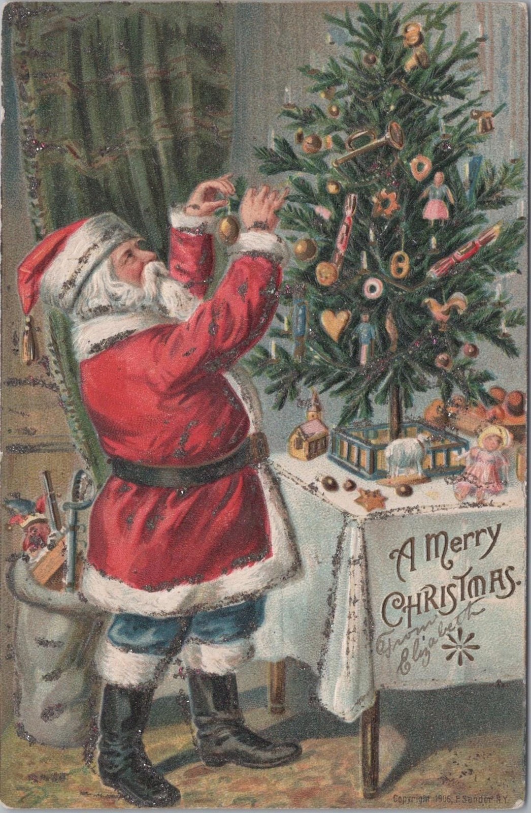 Antique Embossed Glitter Christmas Postcard P. Sander  – Santa Decorates Tree