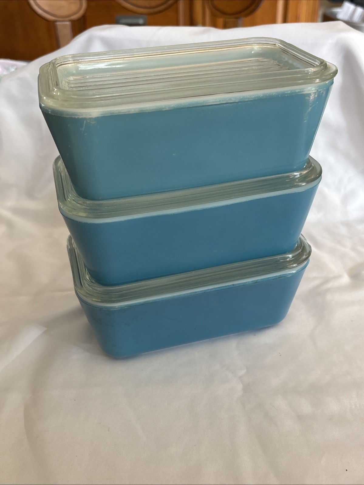 Vtg Pyrex Refrigerator  3 Sets Blue 502 B with Lids