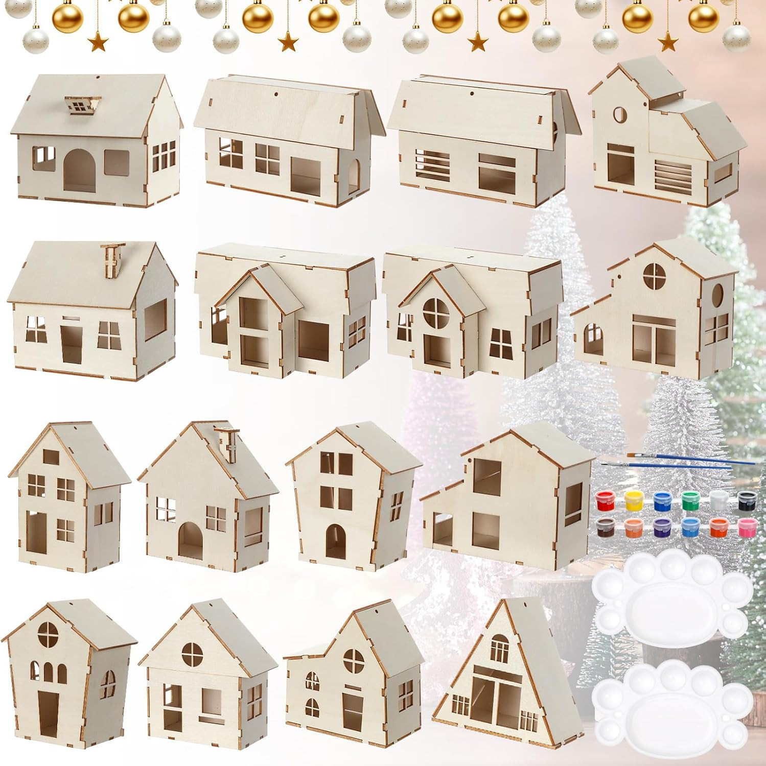 16 Pcs Christmas Village DIY Kit, Wooden Houses Unfinished