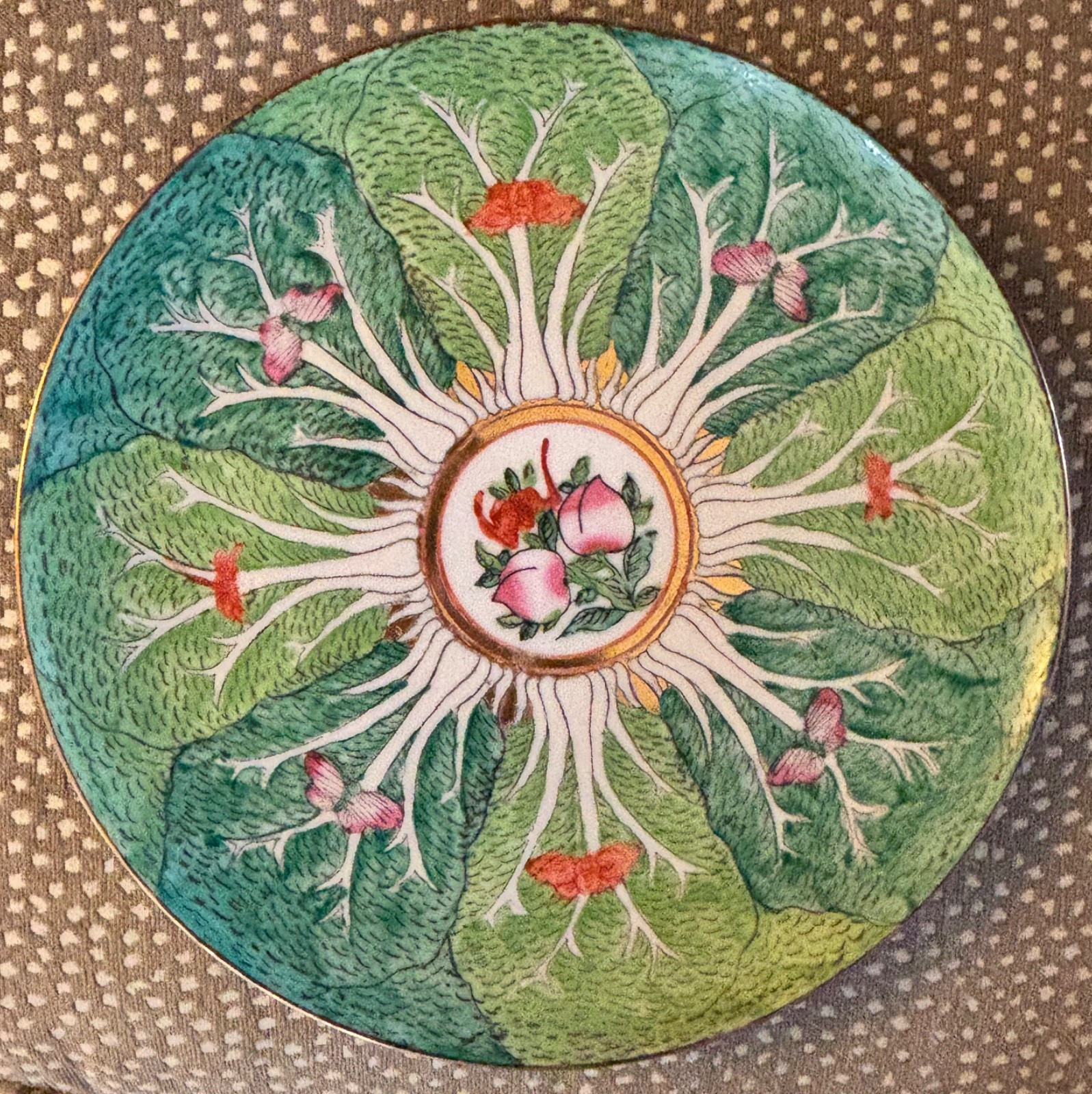 Vintage Famille Verte Bok Choy Hand Painted Plate Butterflies Hong Kong 10” HTF