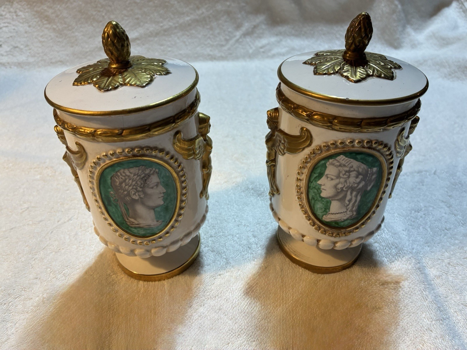 Ugo Zaccagnini Pair Mid-Century Italian Neoclassical Lidded Urns