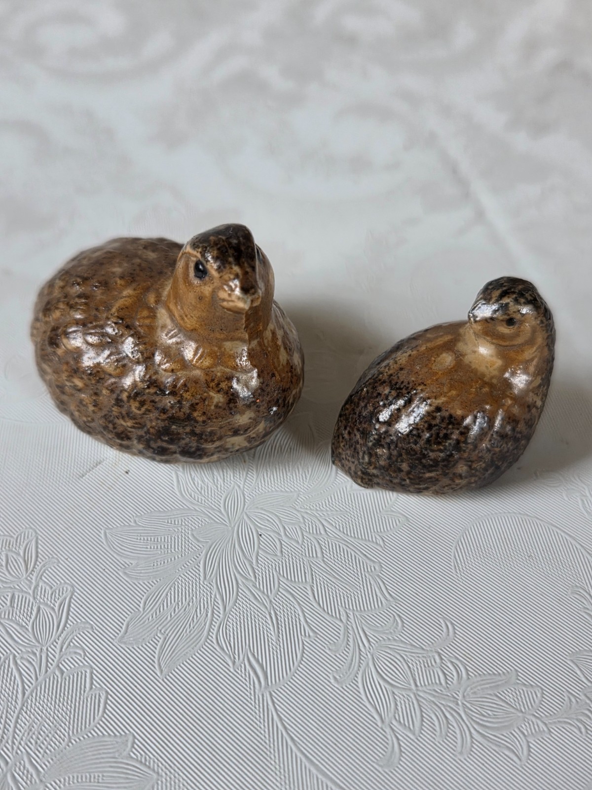 TWO BEAUTIFUL ANTIQUE JAPANESE SMALL QUAIL FIGRUINES MARKED JAPAN