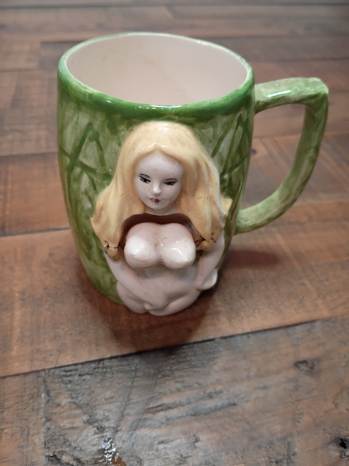 Vintage 1970 Japan Novelty gag Mug Swivel Breast Blonde Woman Ceramic Coffee Cup