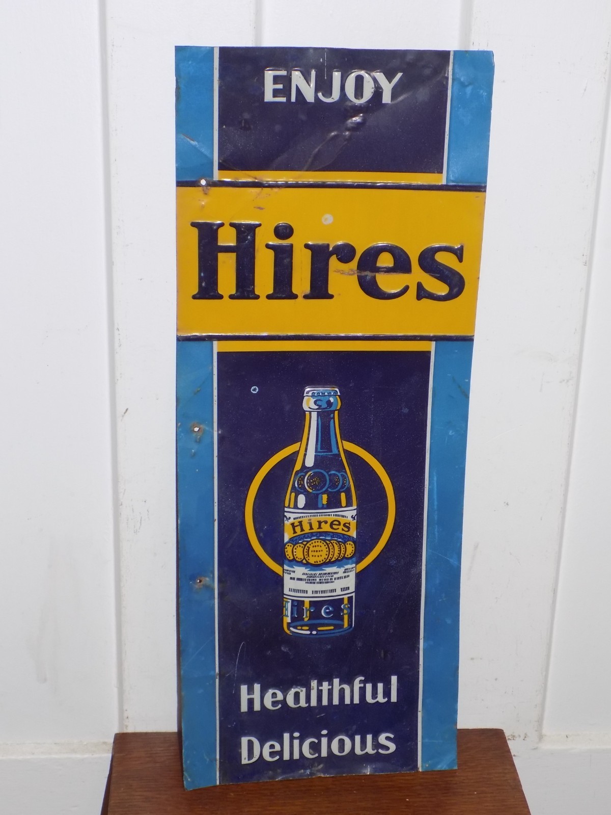 Vintage Enjoy Hires Healthful Delicious Tin Embossed Sign