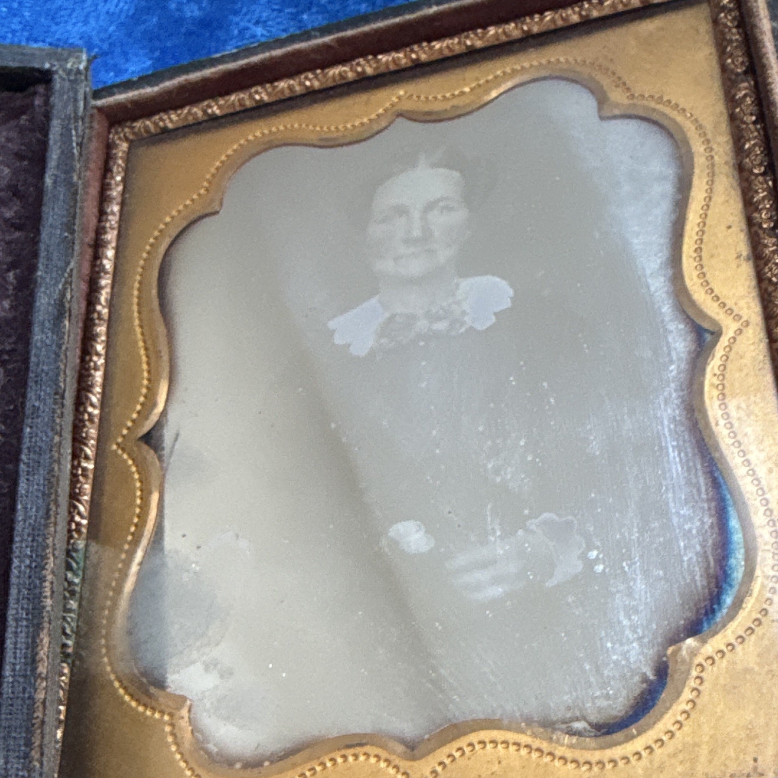 Antique 1850s Daguerreotype Photo Portrait Woman Cased Ornate Brass Mat As Is