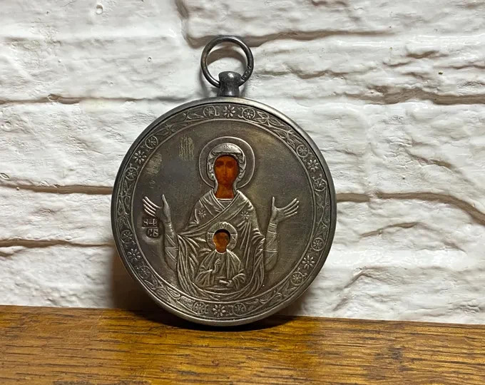 Russian Small Silver 84 Orthodox Icon - Mother of God