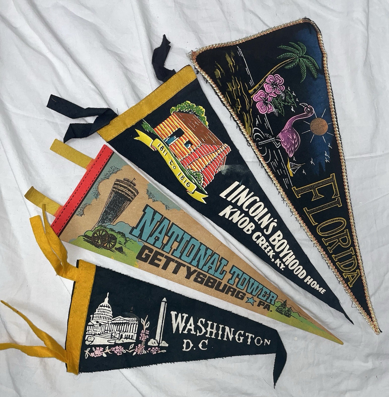 Vintage Travel Souvenir Pennants Lot of 4: Florida, DC, Knob Creek, Gettysburg