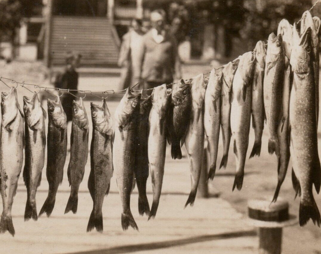 East Tawas Michigan Fish Family Straw Hat Dock Stamped 1929 RPPC Postcard