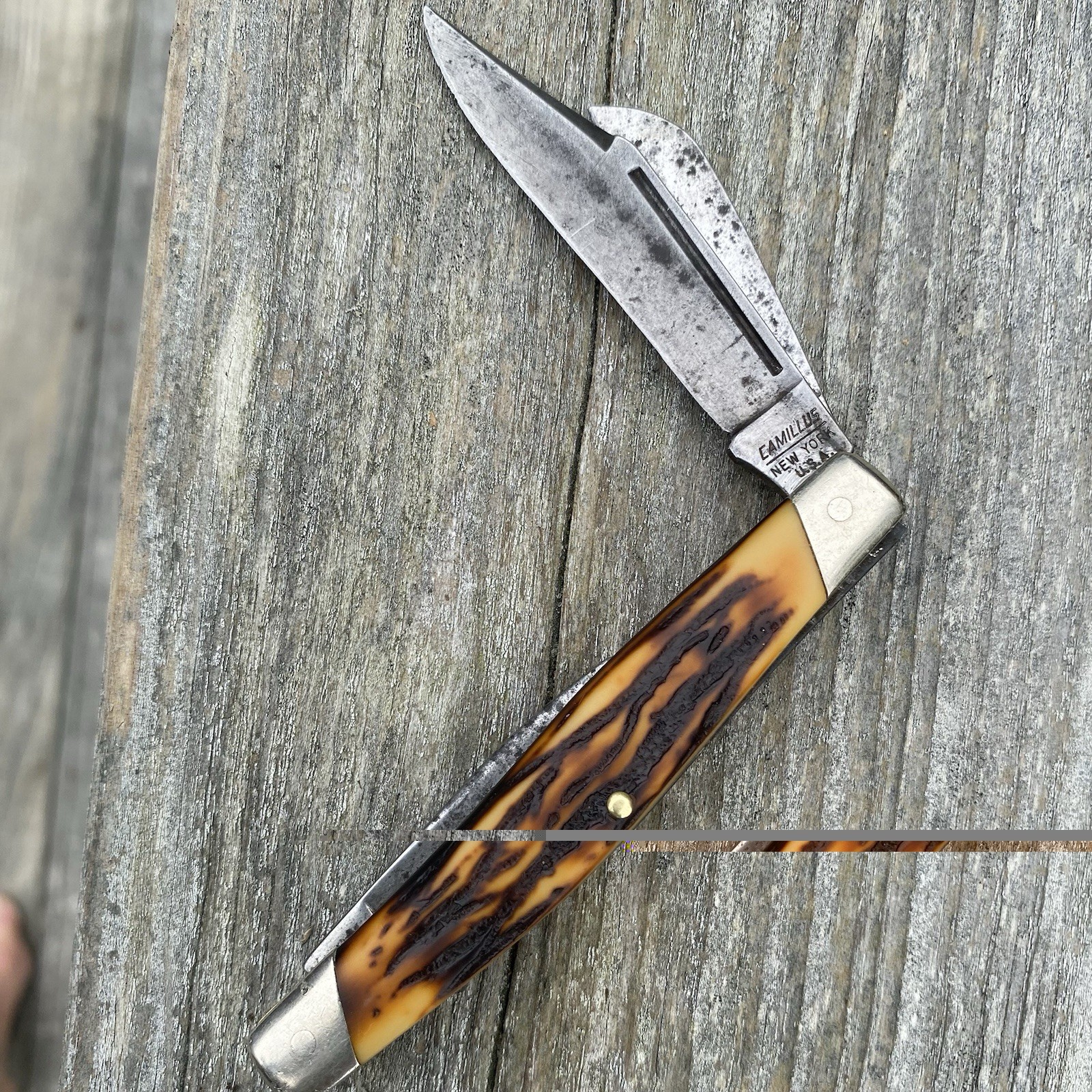 Vintage Camillus New York Stockman Pocket Knife Faux Stag Handles 3 Blades