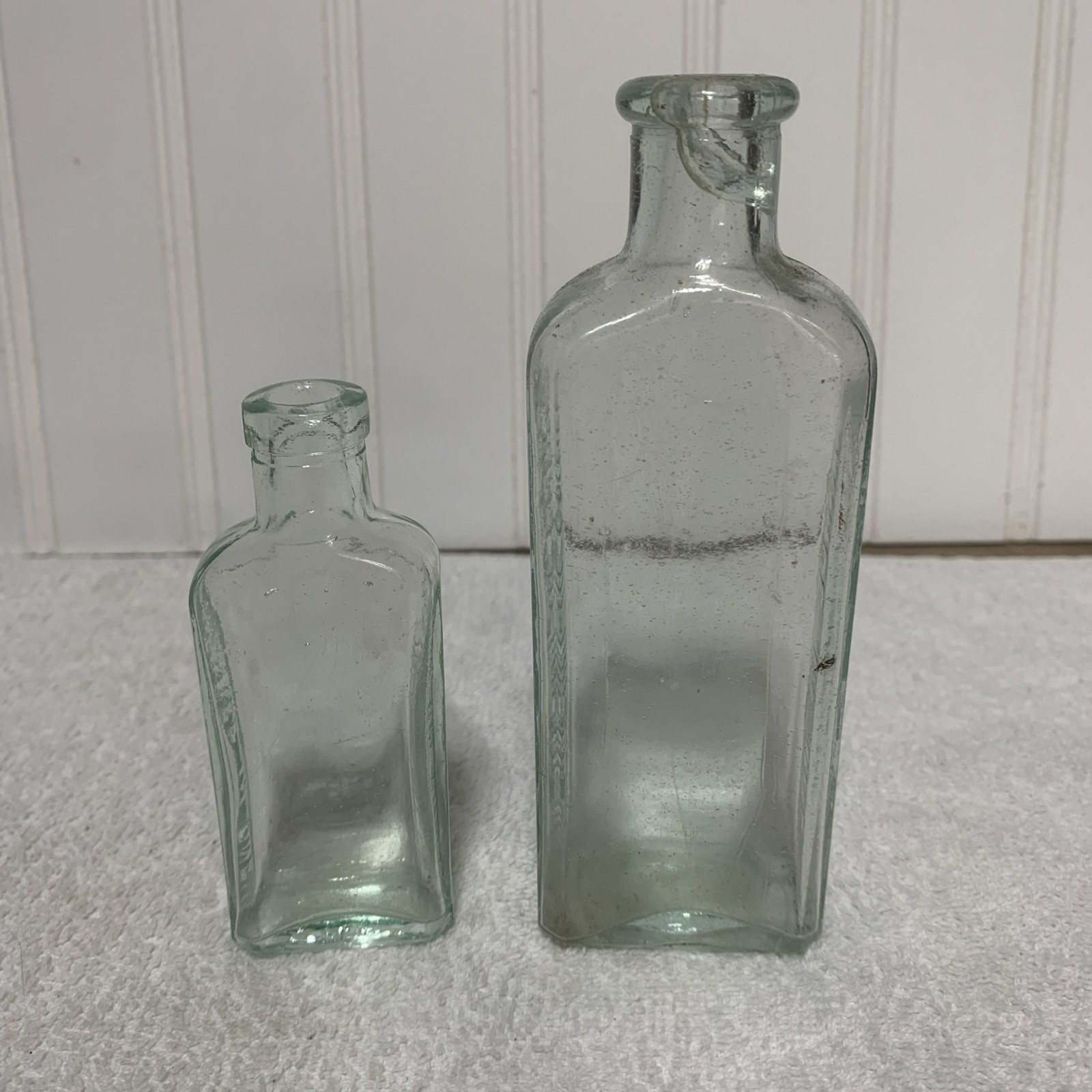 Two Antique Green Lt. Blue Three-in-One 3 in 1 GLASS Oil bottle old