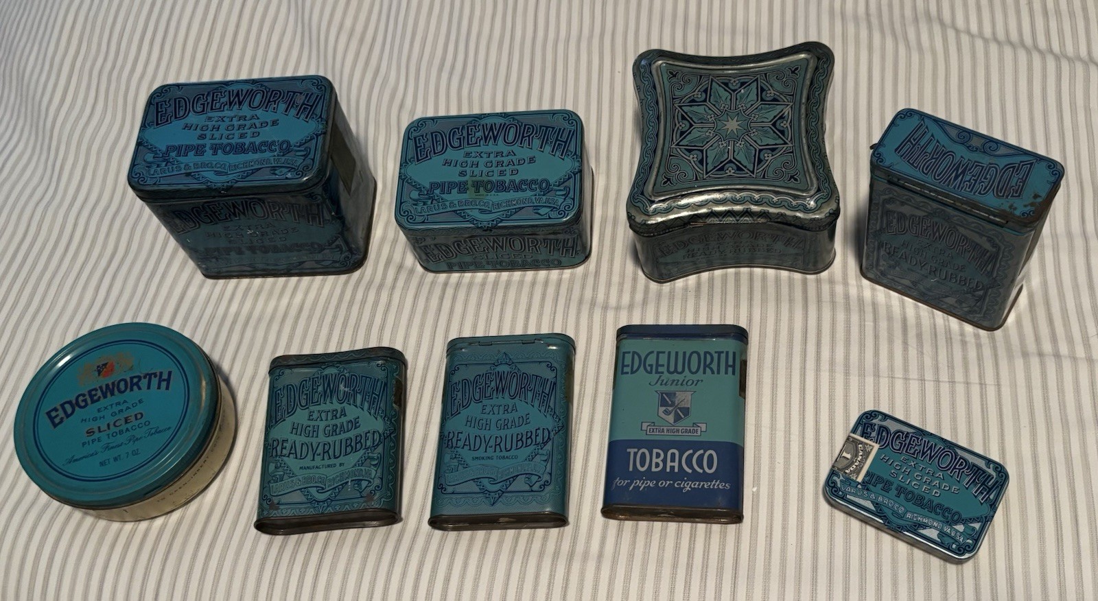 9 Edgeworth Vintage Early Pocket Tins Junior and Regular All Different