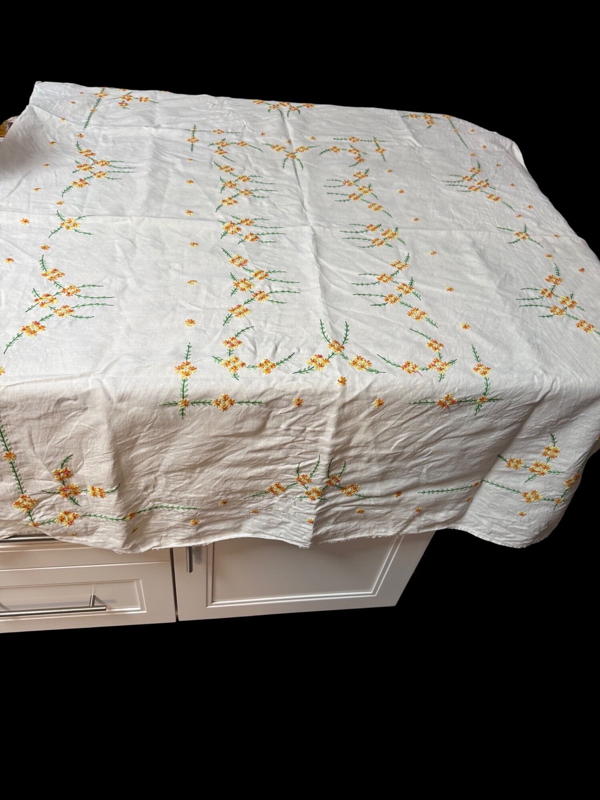 Vintage French Linen Tablecloth Hand-Embroidered Floral Rectangle Cottage core 