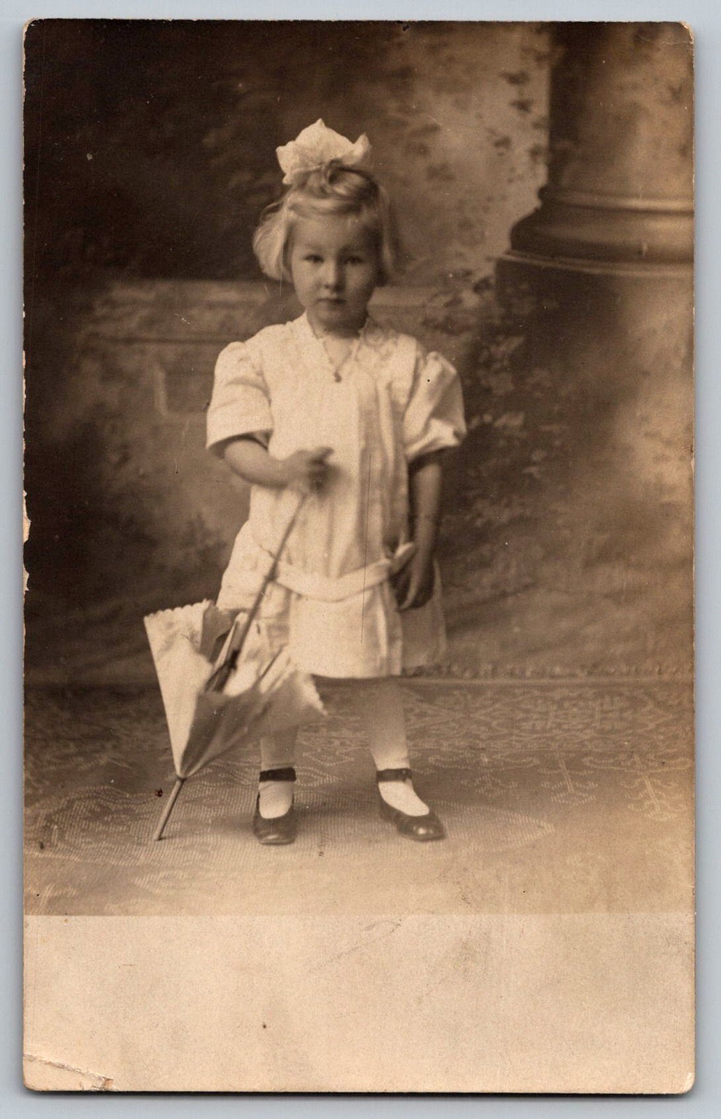 Rppc Postcard - Cute Little Girl With Parasol Umbrella