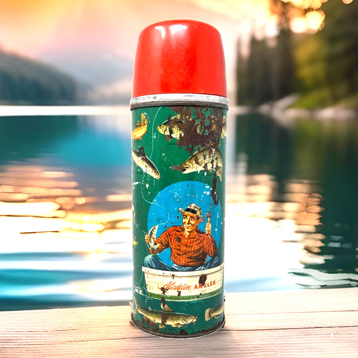 Vintage 1952 Aladdin Angler Thermos No 51 Quart Fishing W/ Stopper & Cups VGUC