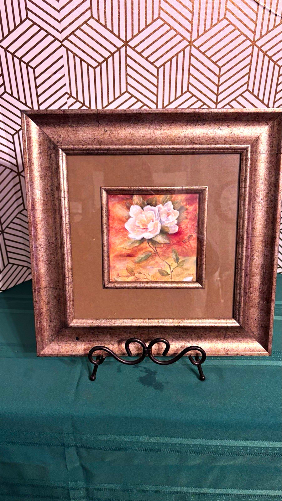 Vintage Framed Floral Art Print - Metallic Bronze Double Matted Frame 14