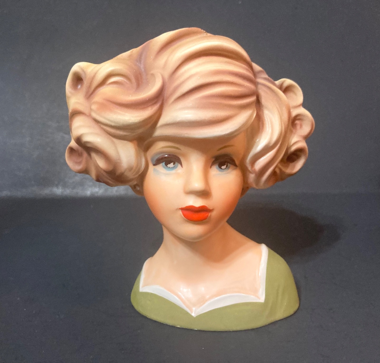 RARE Vintage Royal Crown 3409 Green Dress Blond Lady Head Vase 