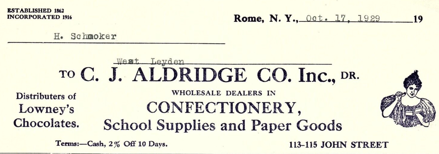 1929 ROME NY C.J. ALDRIDGE CO CONFECTIONERY MORE LETTERHEAD BILLHEAD Z6446