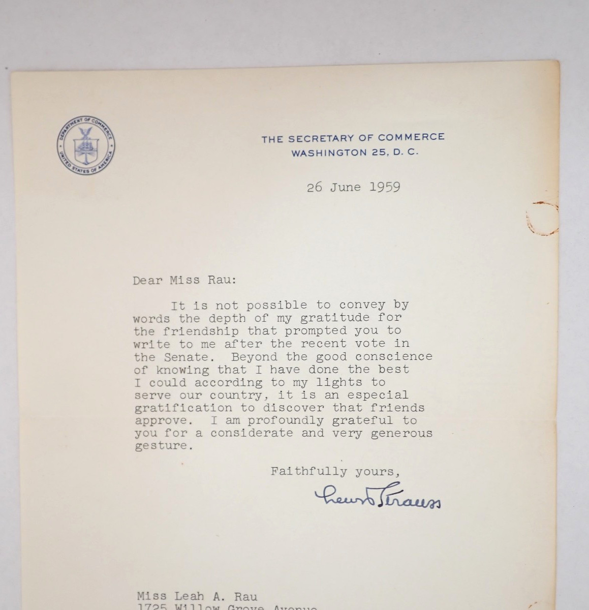 Lewis Strauss Signed Letter 1959 Secretary of Commerce Senate Vote TLS Autograph