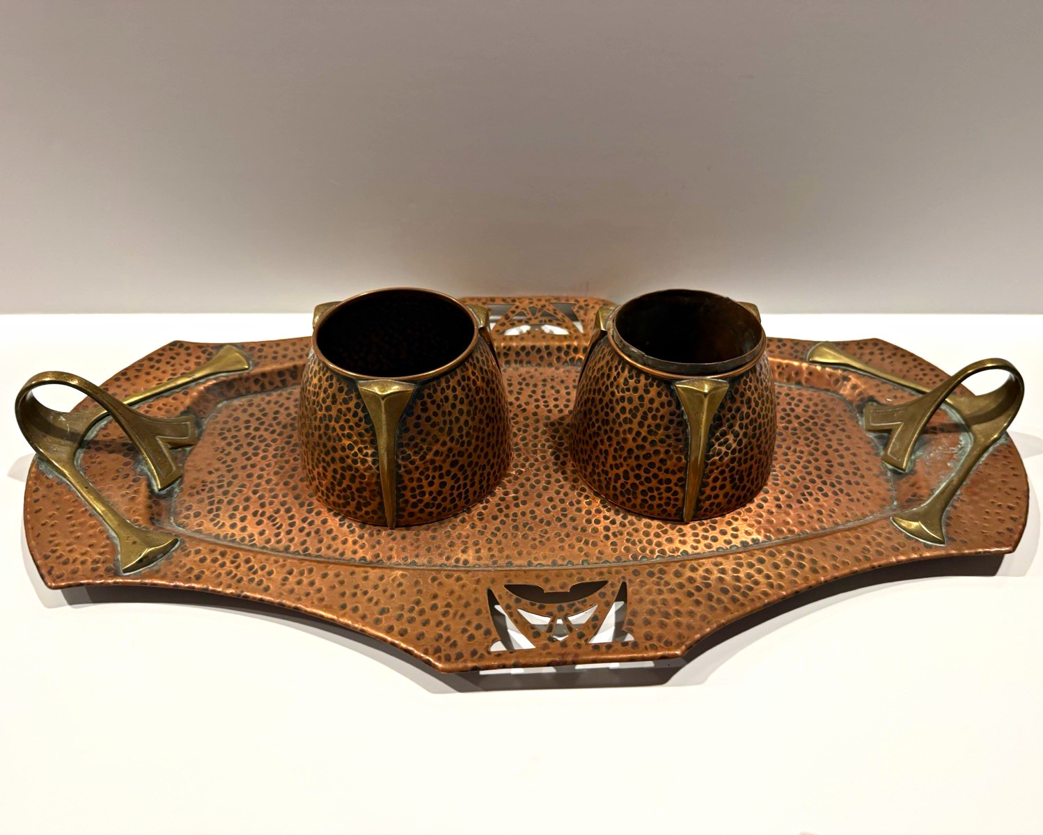 Antique Carl Deffner Hammered Copper Double Inkwell Desk Stand Brass Mounts