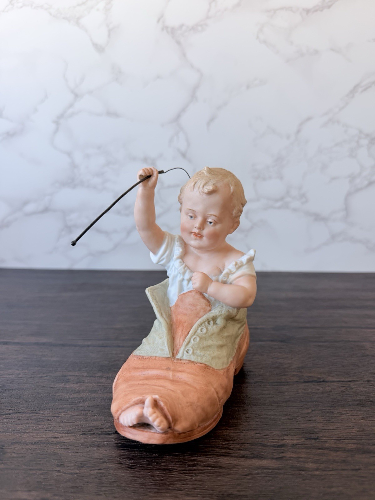 Heubach Boy In The Shoe Piano Baby Antique Figurine, Germany c.1910, 5”