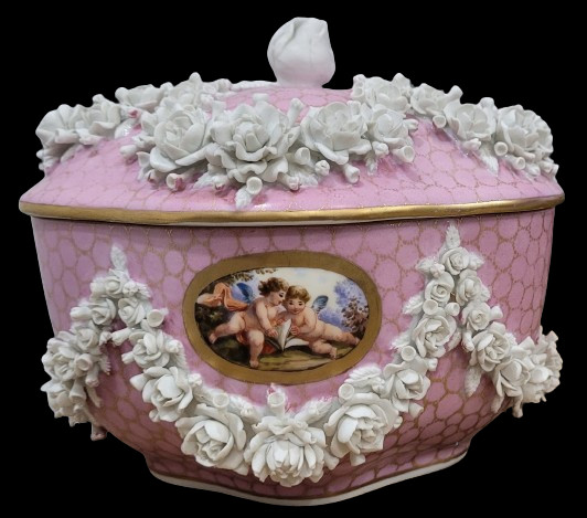 Antique Niderviller French Pink Porcelain Box Flowers Cherubs